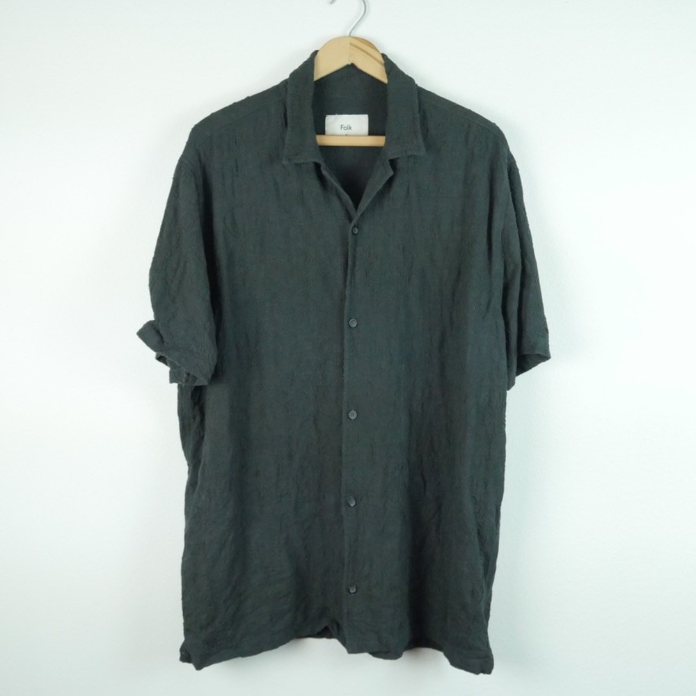 Folk Mens XL Embroidered Linen Blend Short Sleeve Camp Collar Shirt Charcoal